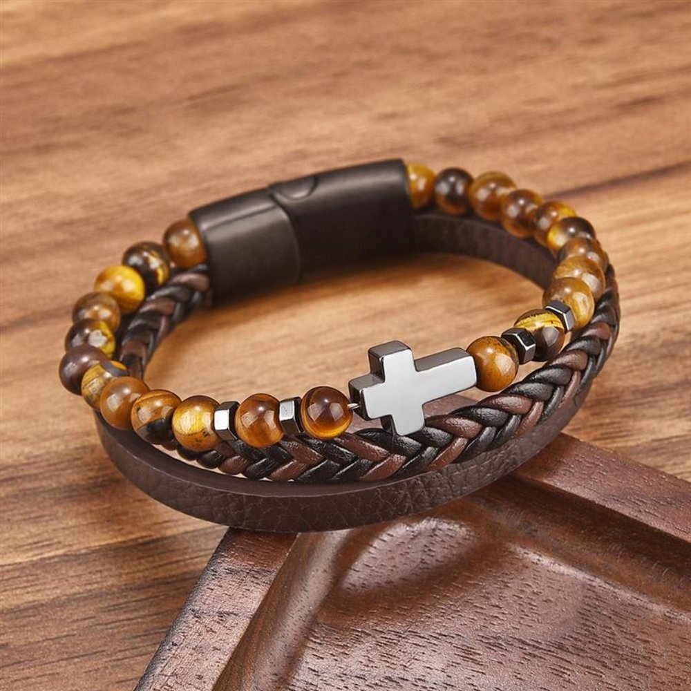 Men's Leather Braided Bracelet Tiger's Eye Stone Bangle Cross Charm